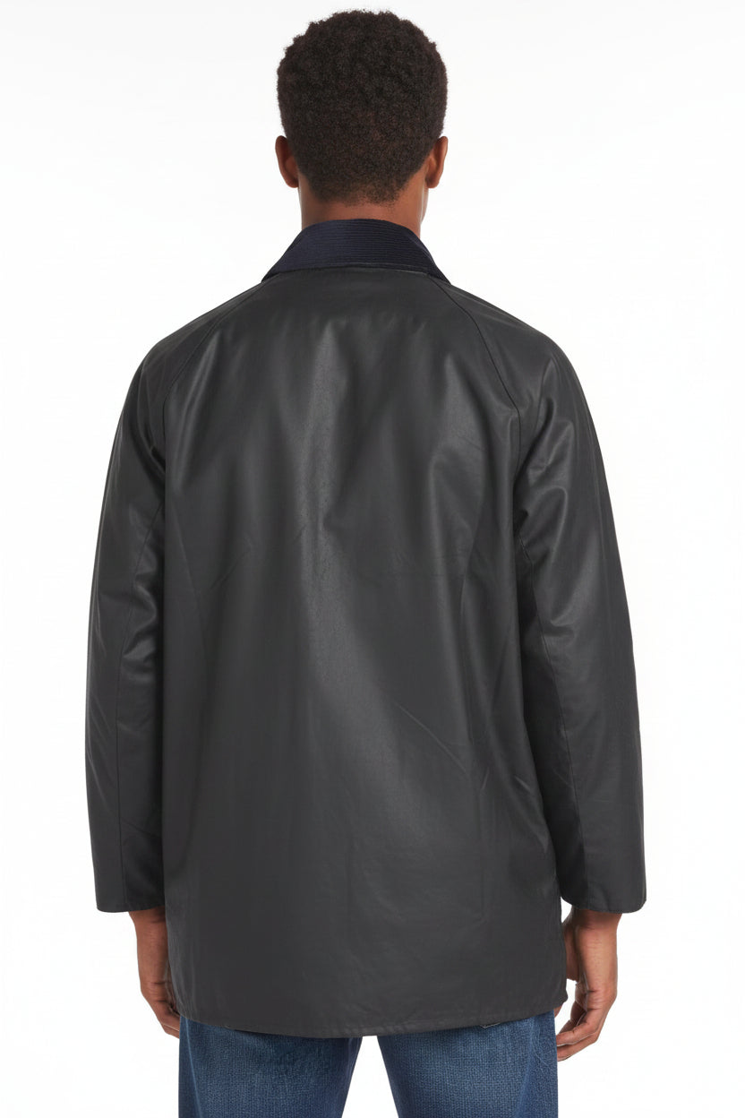 Barbour Beaufort wax jacket back, dark navy with high collar and full sleeves