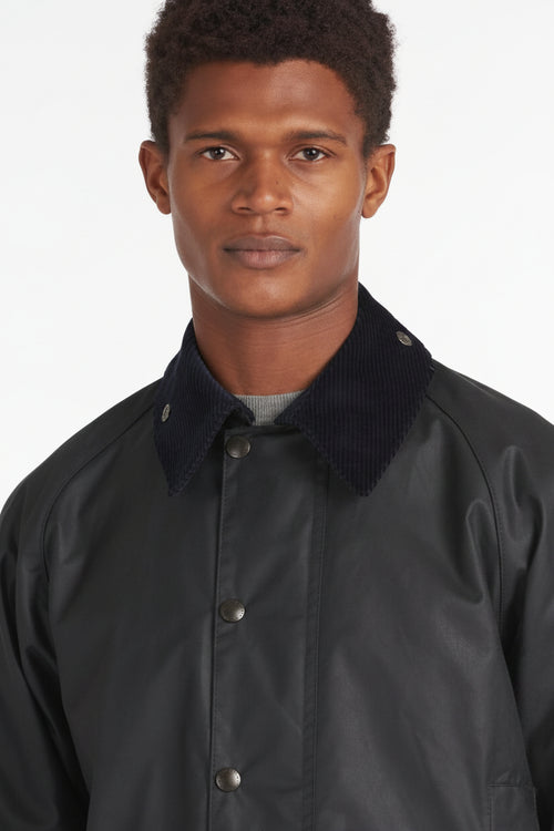 Barbour Beaufort wax jacket dark navy, button front with ribbed-look collar