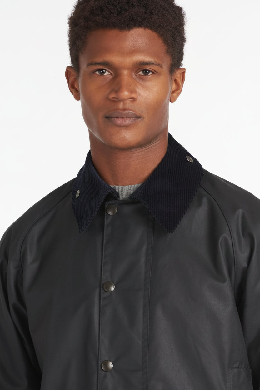 Barbour Beaufort wax jacket dark navy, button front with ribbed-look collar