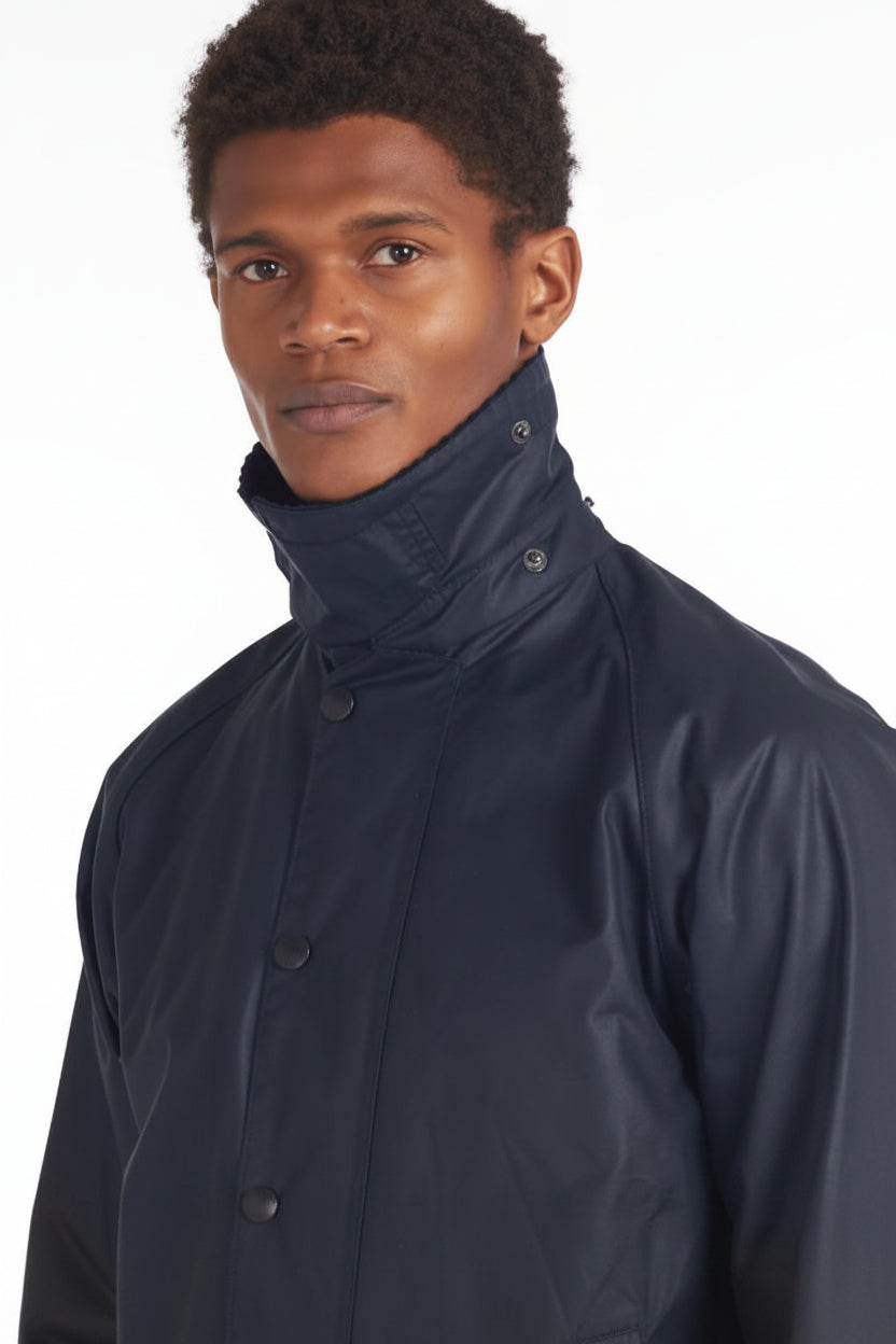 Barbour Beaufort wax jacket dark navy, high fold-over collar with snap buttons