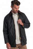 Black wax jacket with stand collar and side pocket flaps