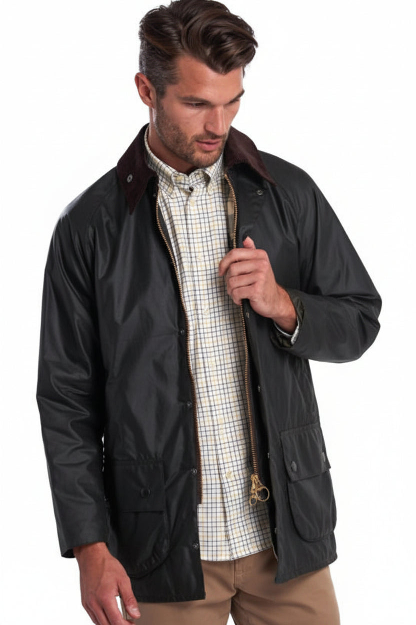 Black wax jacket with stand collar and side pocket flaps