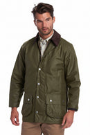 Olive wax jacket with brown collar lining, snap front, and flap pockets