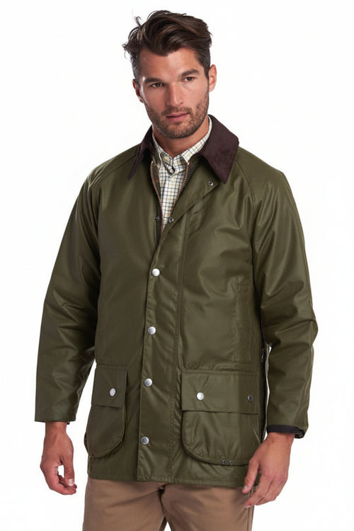 Olive wax jacket with brown collar lining, snap front, and flap pockets
