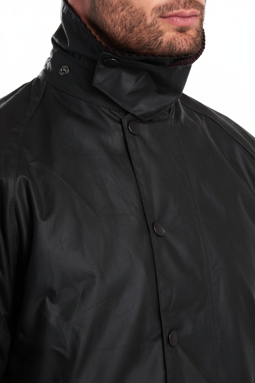 Dark wax jacket with stand collar and snap front button placket