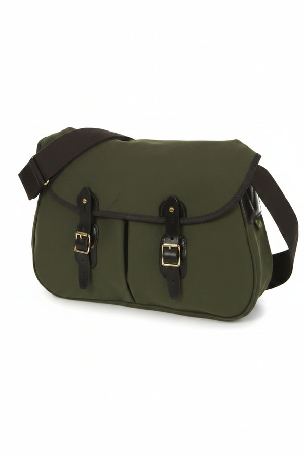 Small olive messenger bag with flap, front buckle pockets, and adjustable strap