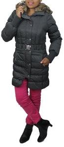 Ladies vintage parka in dark charcoal grey, fur-trim hood, quilted with belt and buttons