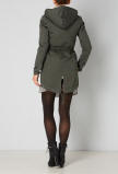 Women's dark green parka, back view with fur-trim hood and gathered hem