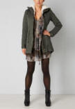 Women's dark green parka with fur-trimmed hood, thigh length, side profile