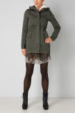 Women's dark green parka with fur-trimmed hood, mid-thigh length, front zip