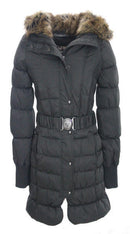 Dark charcoal grey quilted parka with fur-trim hood, front buttons, and waist belt