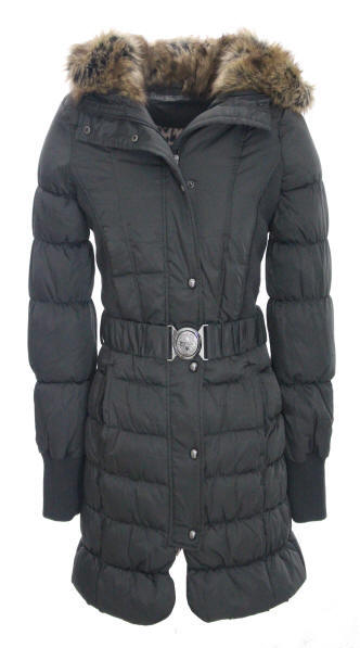 Dark charcoal grey quilted parka with fur-trim hood, front buttons, and waist belt