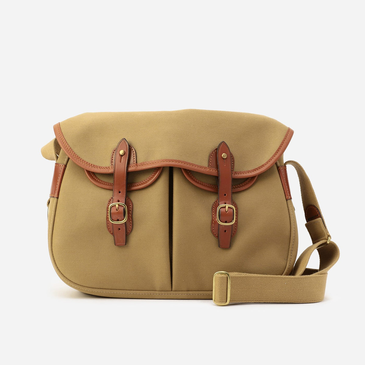 Small khaki crossbody bag with brown leather straps and buckle details