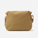 Khaki small crossbody bag with curved back panel and brown leather edge trim