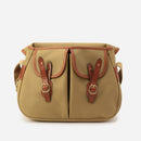 Khaki small crossbody bag front with two brown leather flap tabs and buckles