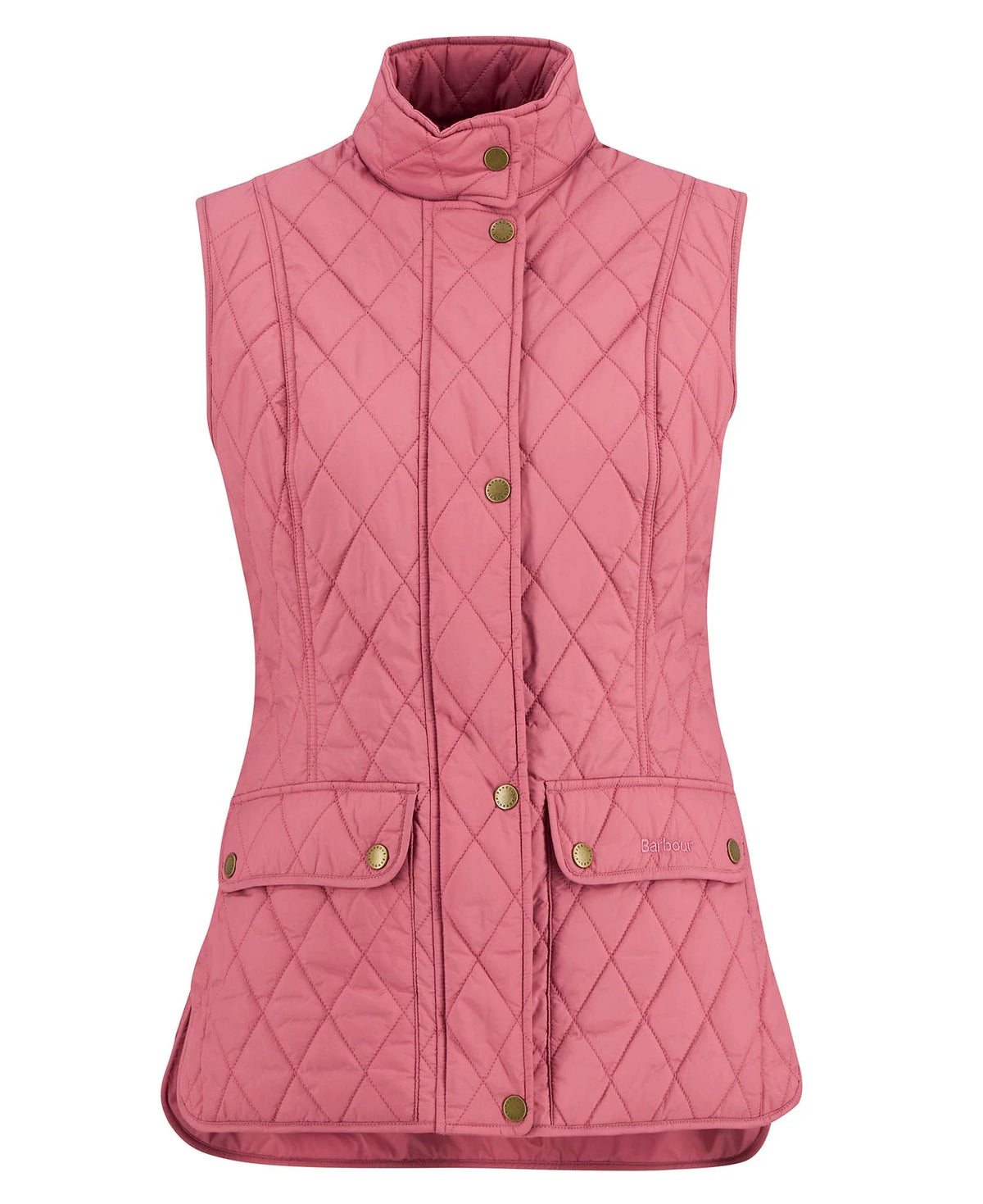 Wildberry pink quilted sleeveless gilet, stand collar, full zip, diamond quilting