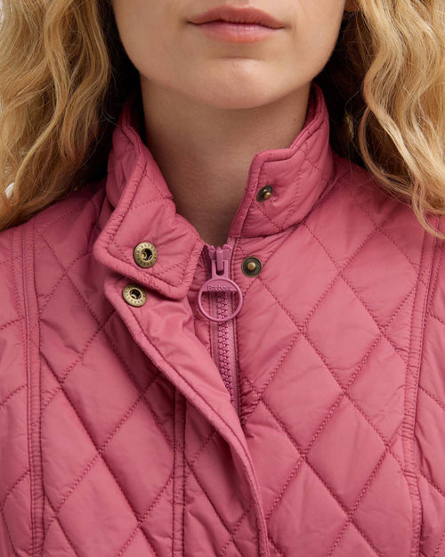 Wildberry pink quilted gilet detail: stand collar, zip pull, snap button closures