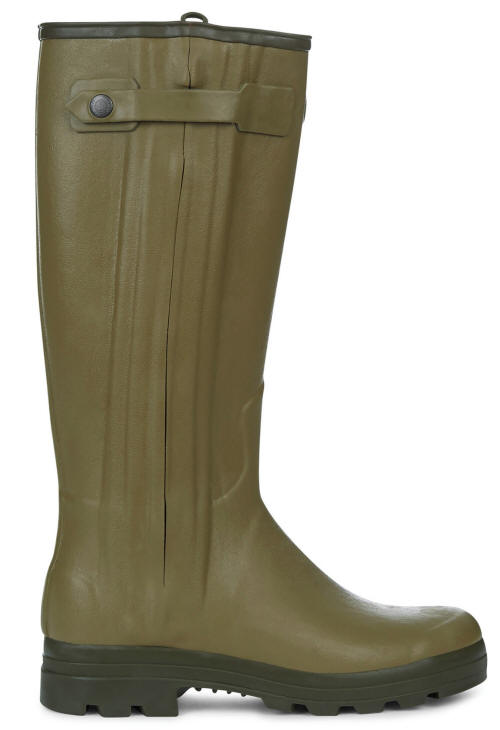 Olive green leather-lined wellington boot with side buckle and textured tread sole