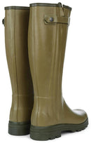 Olive green leather-lined wellington boots, front view with strap and cushioned calf panel