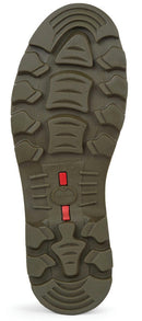 Olive green wellington boot outsole with deep lug tread and red traction insert