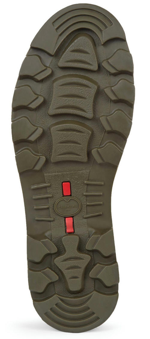 Olive green wellington boot outsole with deep lug tread and red traction insert