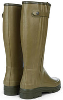 Pair of light green Wellington boots with rear buckled strap and rounded heel