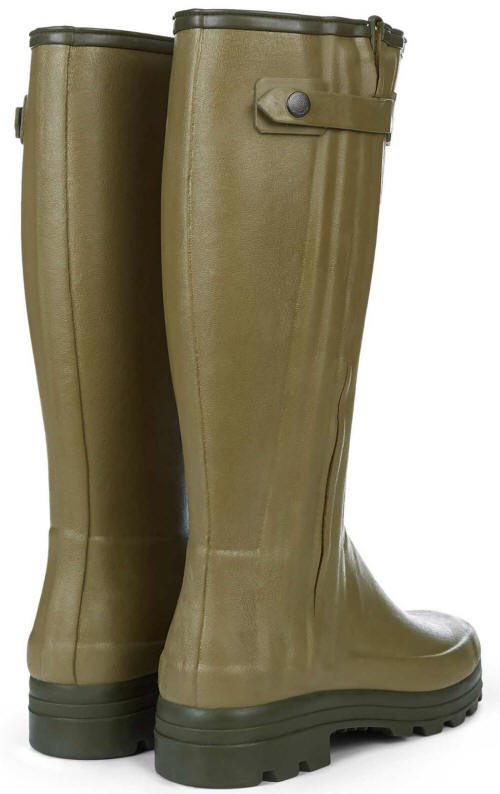 Pair of light green Wellington boots with rear buckled strap and rounded heel