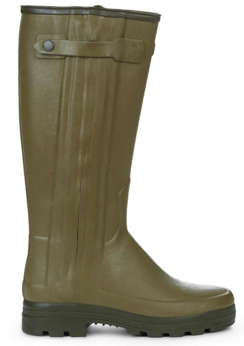 Light green Wellington boot with front pull tab and smooth, tall upper