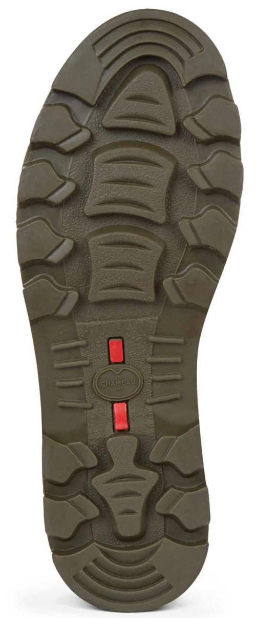 Wellington boot rubber outsole with deep tread and red Le Chameau logo
