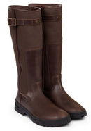 Tall brown pull-on boots with side buckles and cushioned ankle panel
