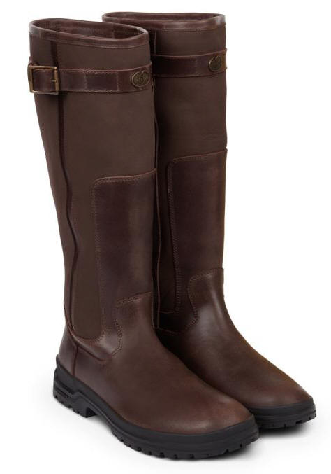 Tall brown pull-on boots with side buckles and cushioned ankle panel