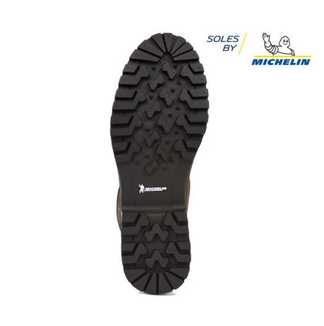 Rubber boot sole with deep tread pattern and Michelin "Soles by Michelin" mark
