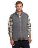 Barbour Langdale fleece waistcoat front view with high neck, full zip, and brown stitched panels.