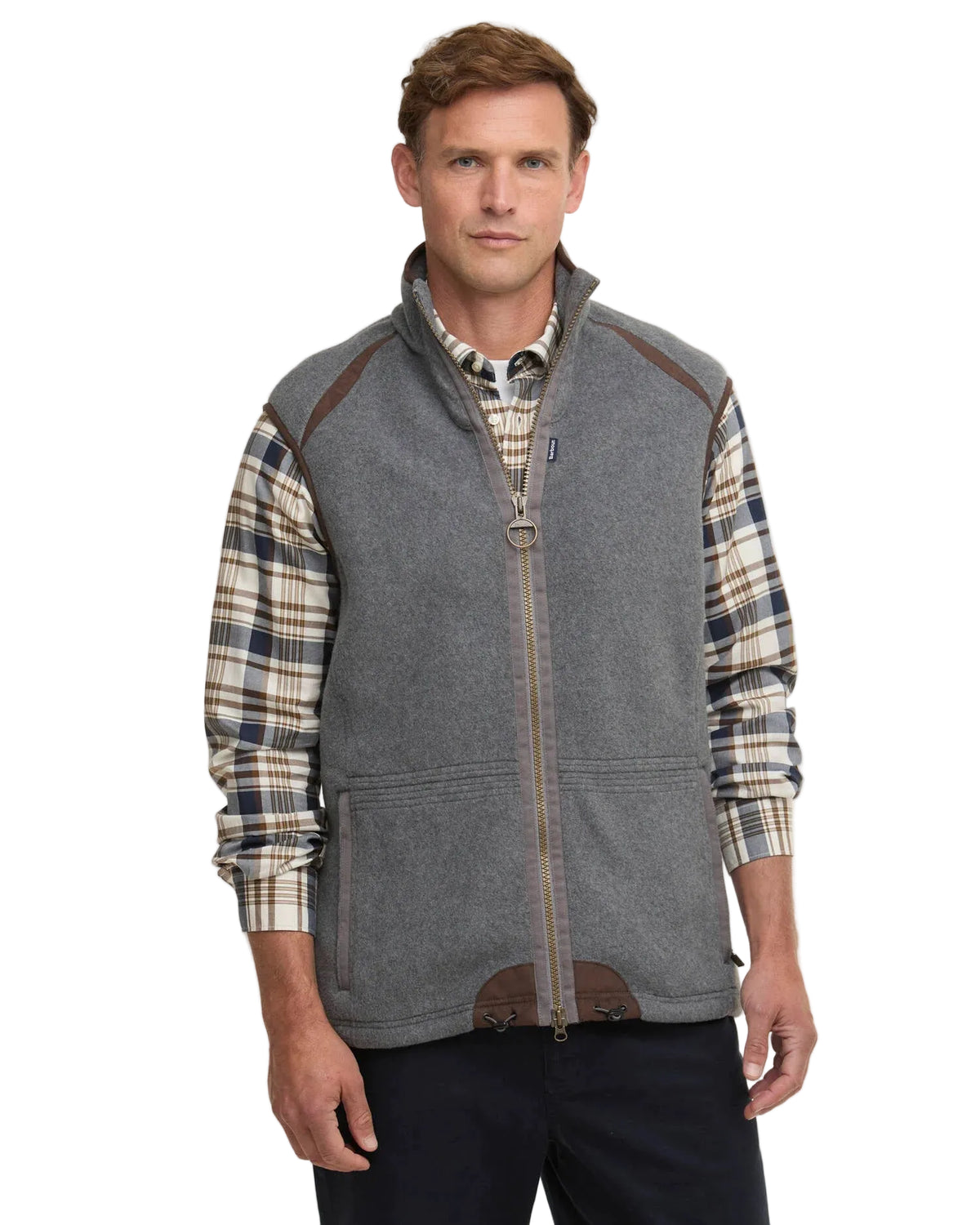 Barbour Langdale fleece waistcoat, dark grey marl, full-zip front and two side patch pockets.