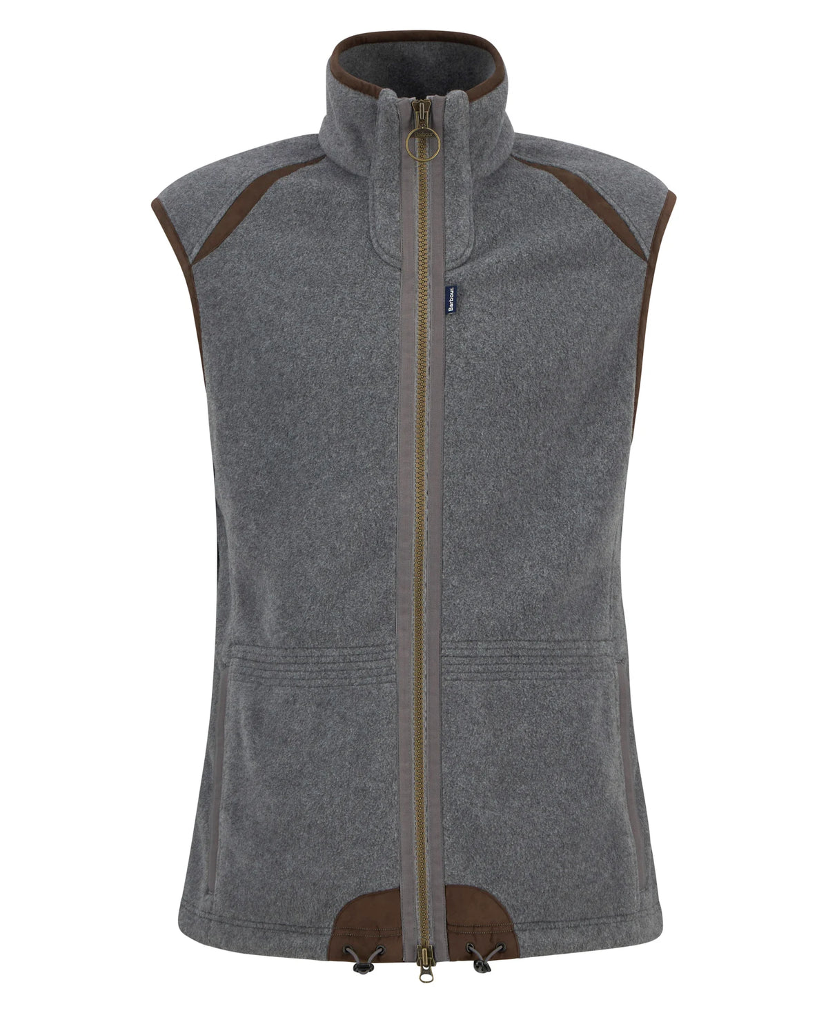 Barbour Langdale fleece waistcoat flat lay: dark grey marl sleeveless with full zip and brown trim.
