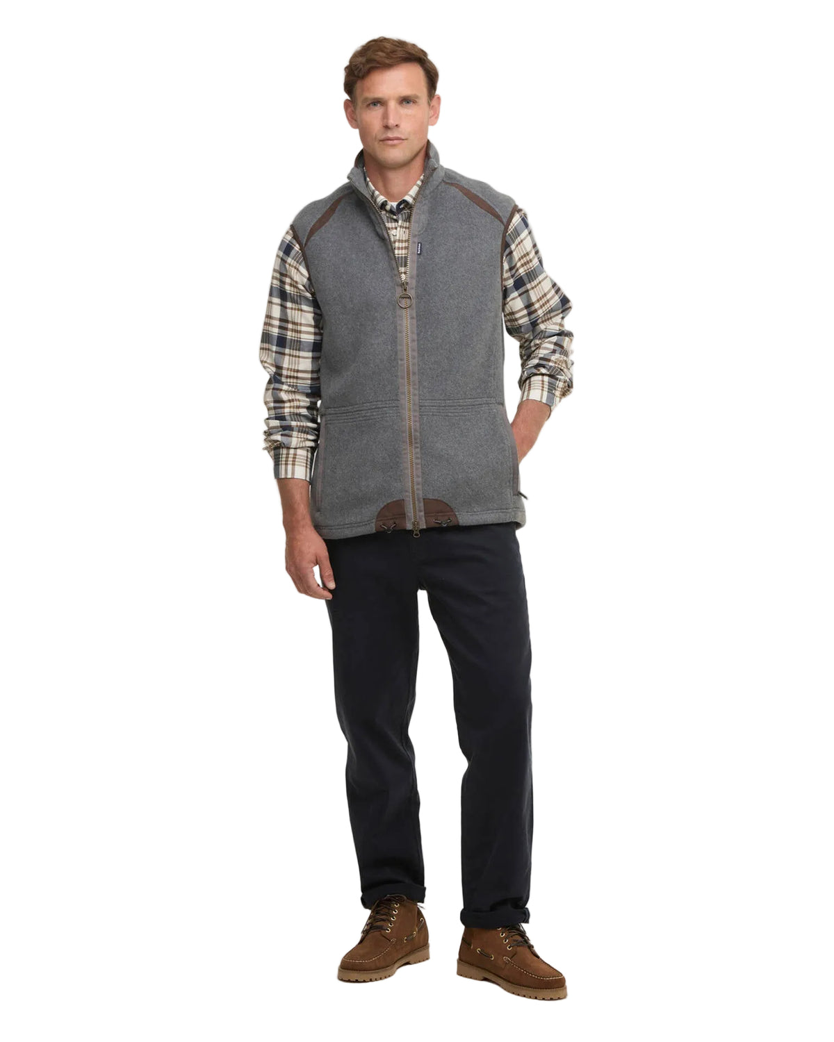 Barbour Langdale fleece waistcoat worn with check shirt sleeves; full zip and stand collar.