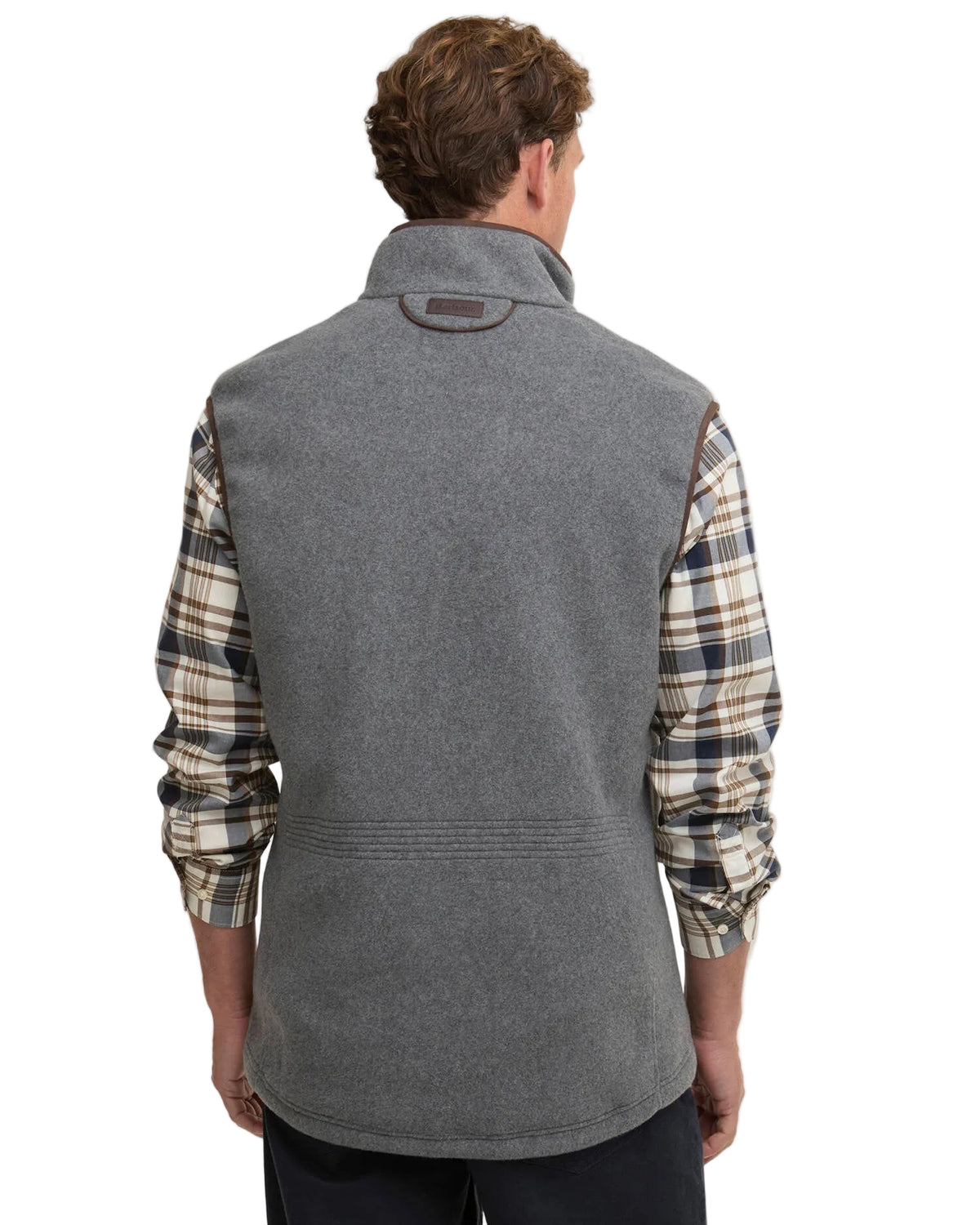 Barbour Langdale fleece waistcoat back view in dark grey marl with high neck and brown trim.