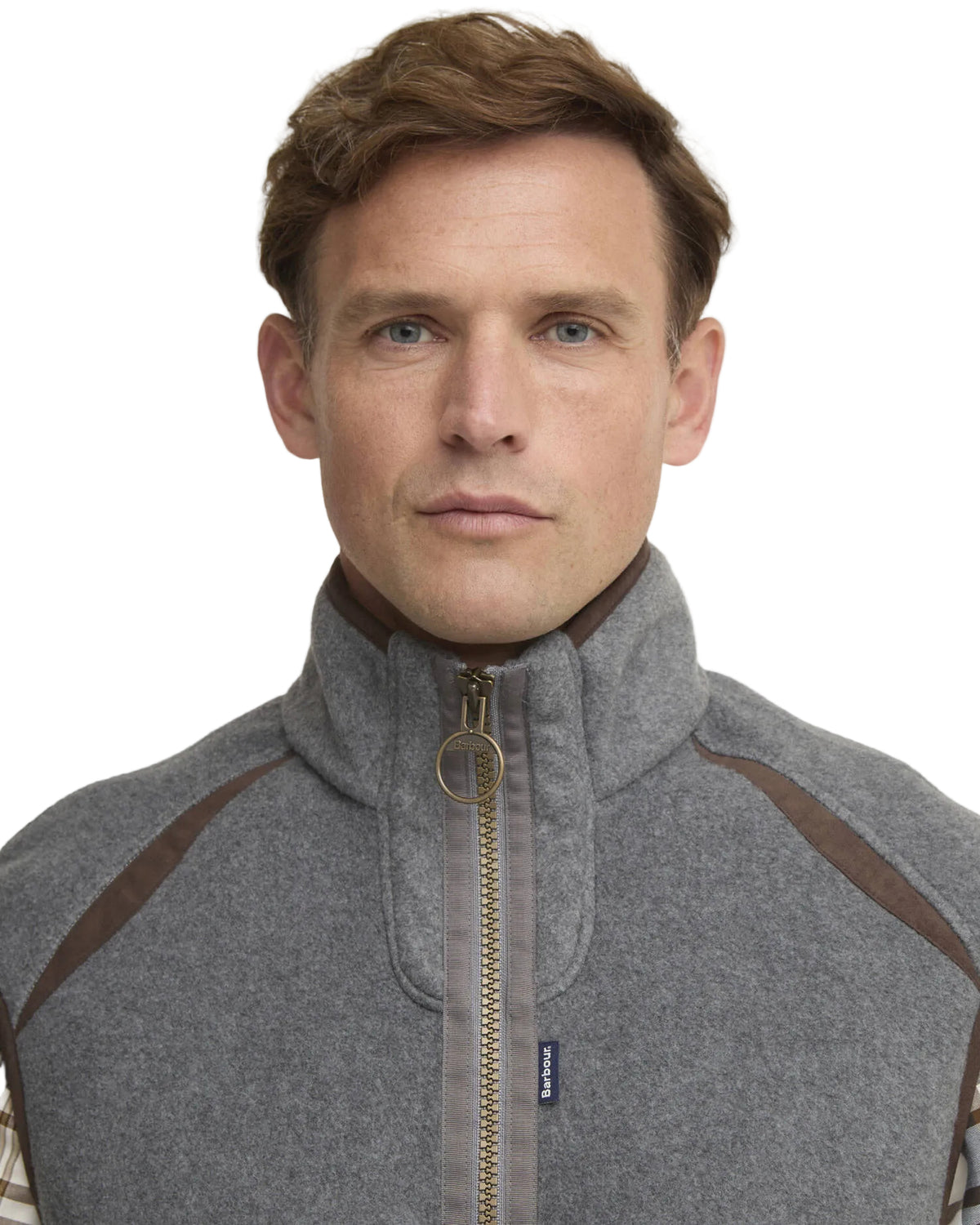 Barbour Langdale fleece waistcoat neck close-up: stand collar and full zip with brown accents.
