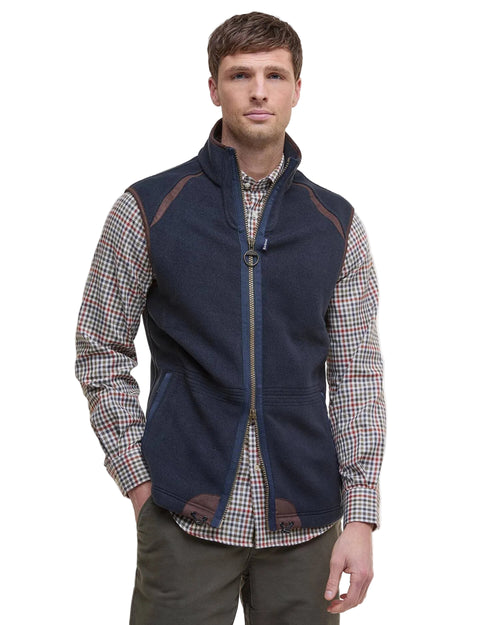 Navy fleece waistcoat with high collar and full-zip front, brown trim panels
