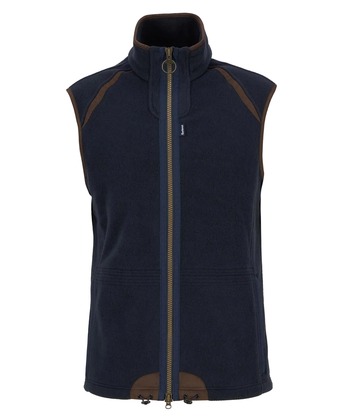 Navy fleece waistcoat on hanger with full-zip front and high collar