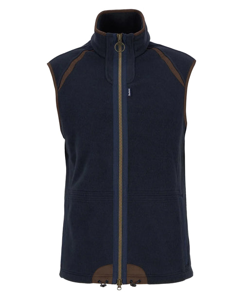 Navy fleece waistcoat on hanger with full-zip front and high collar
