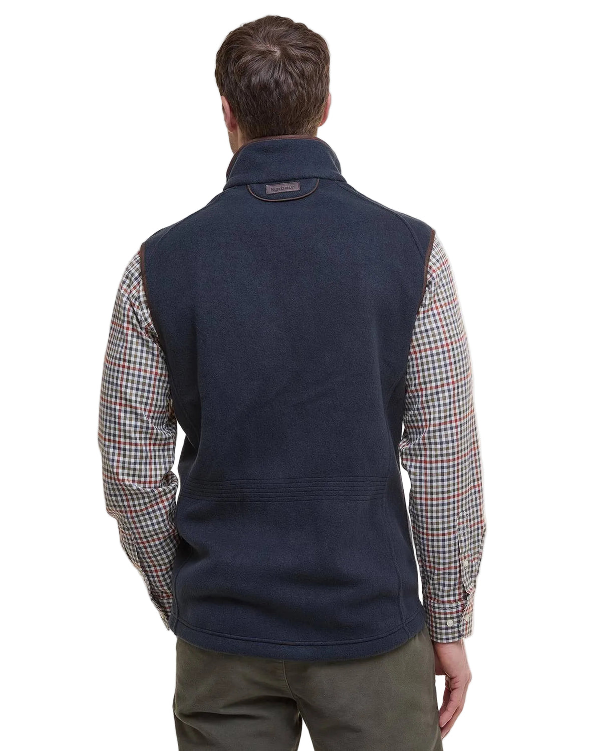 Navy fleece waistcoat back view with high collar and zip seam