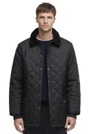 Barbour men's black quilted jacket with button front and stand collar