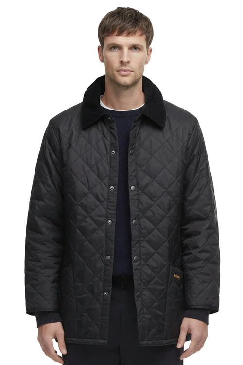 Barbour men's black quilted jacket with button front and stand collar