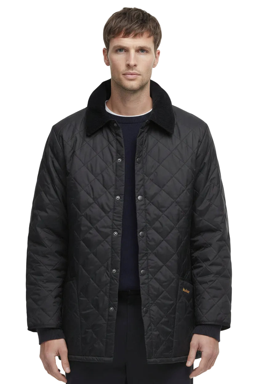 Barbour men's black quilted jacket with button front and stand collar