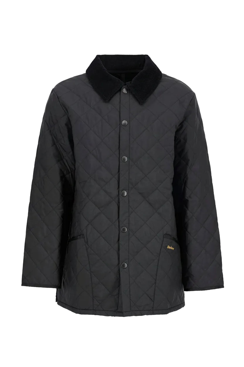 Barbour men's black quilted jacket, button-up front with stand collar