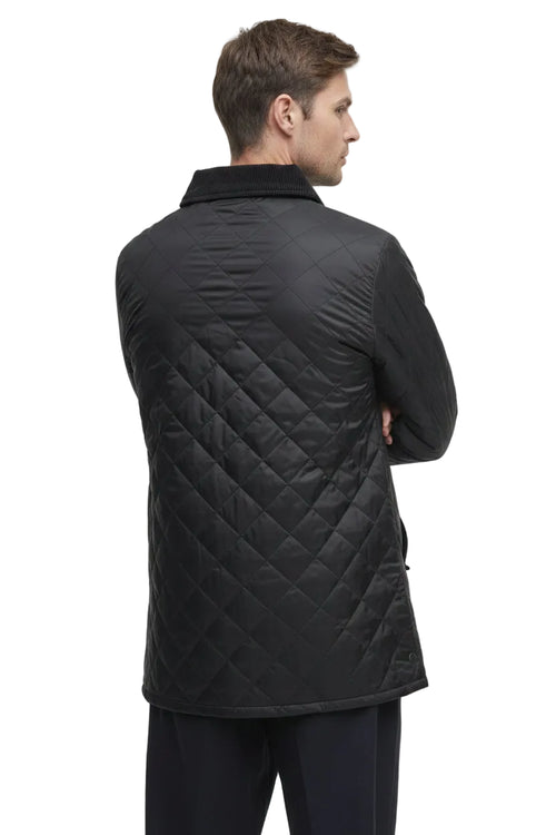 Barbour men's black quilted jacket shown from the back