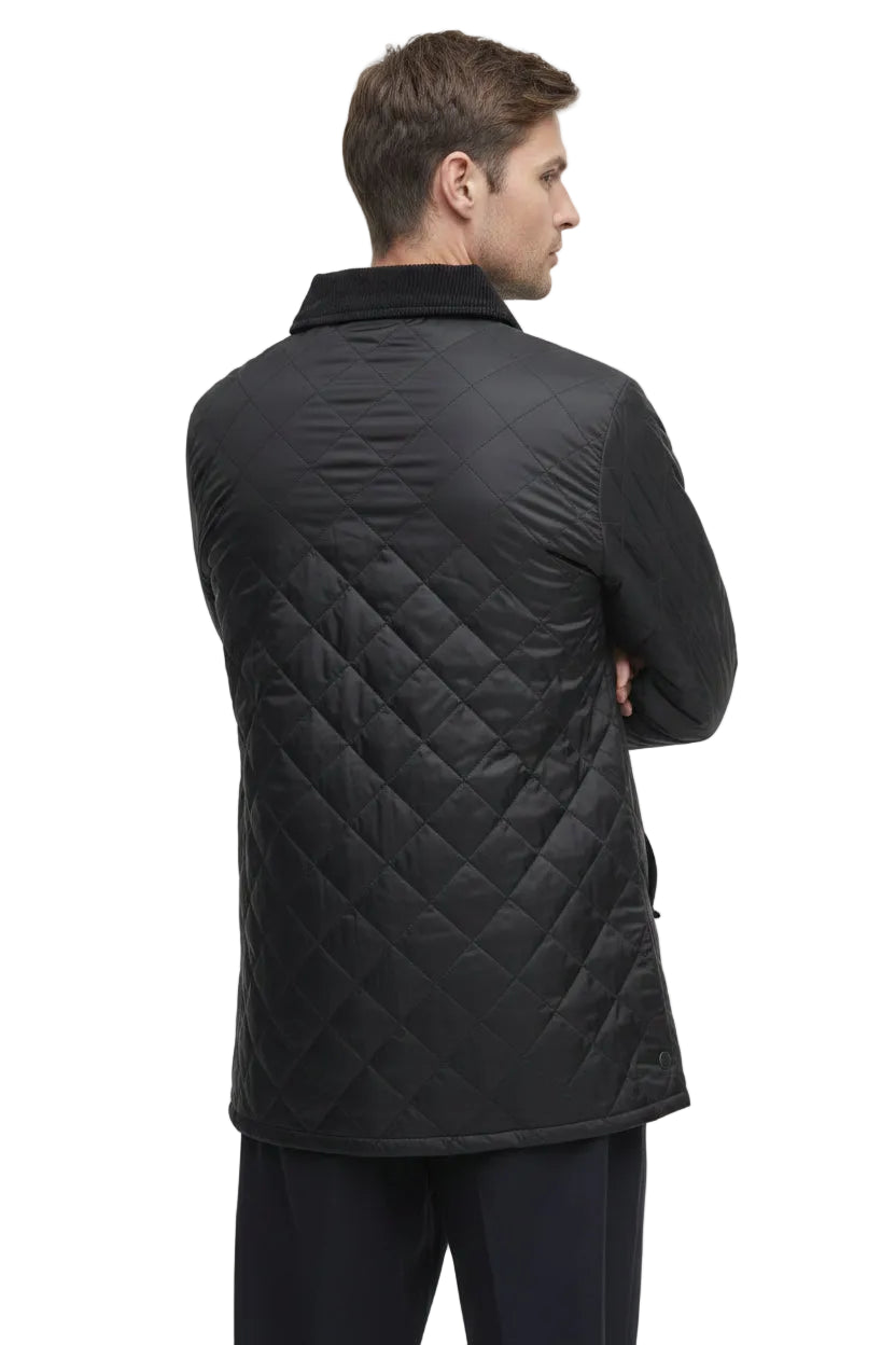Barbour men's black quilted jacket shown from the back