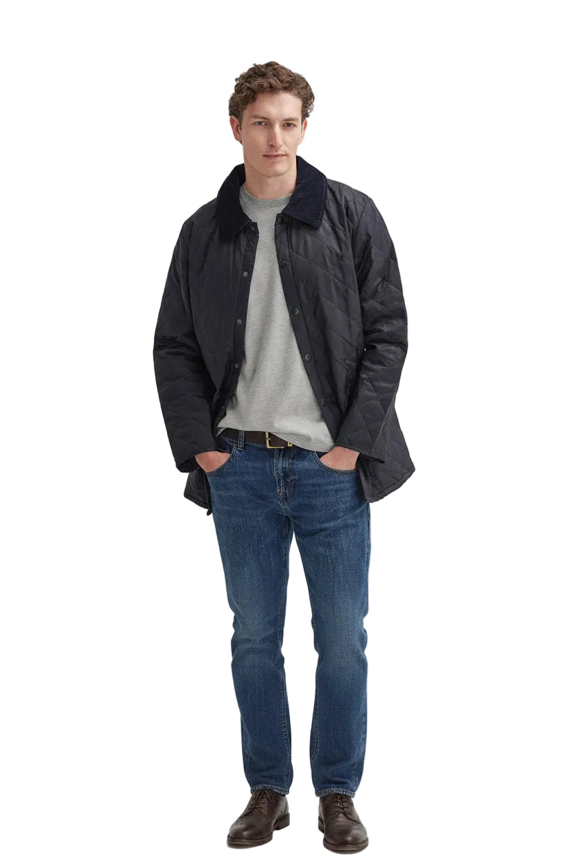 Men's Barbour Liddesdale jacket, dark navy, quilted with button front and stand collar.