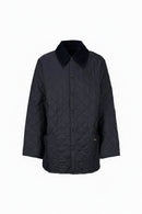 Men's Barbour Liddesdale jacket in dark navy, quilted, button-up with stand collar.
